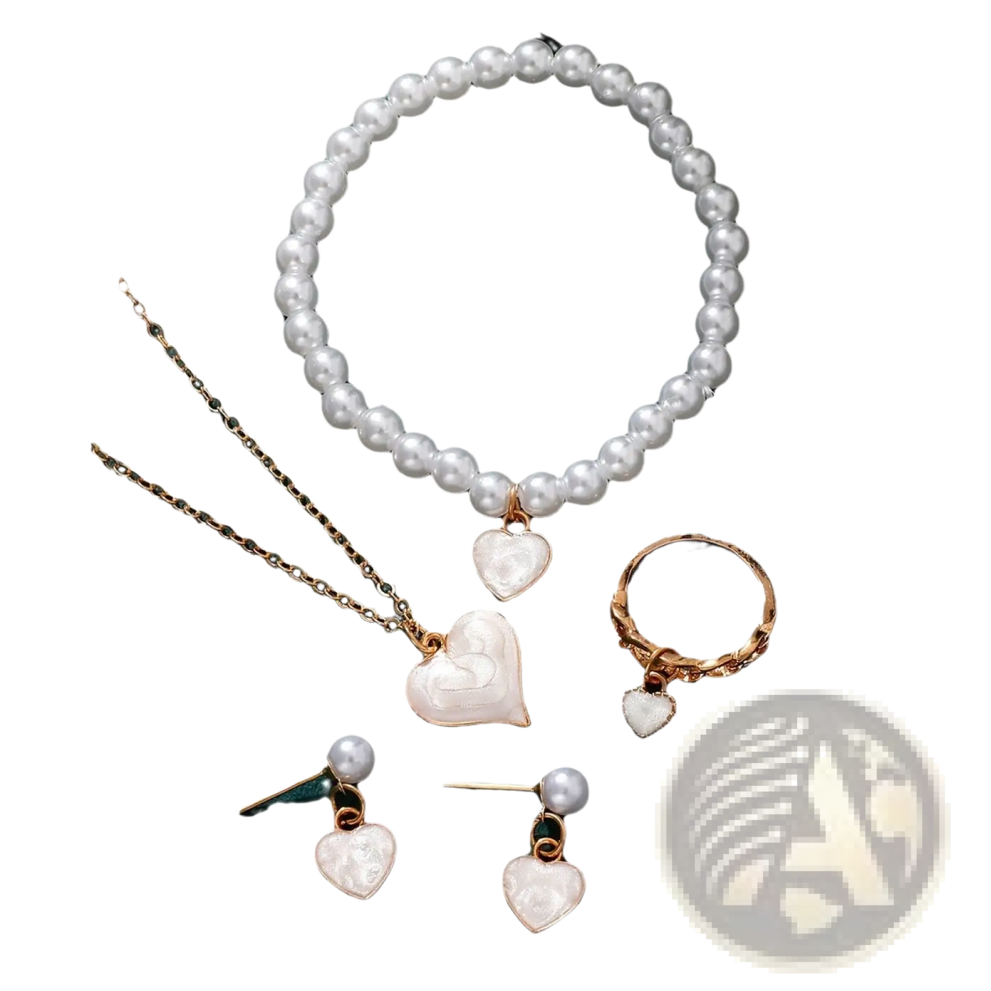 White Heart and Pearl Gold Jewelry Four Piece Set