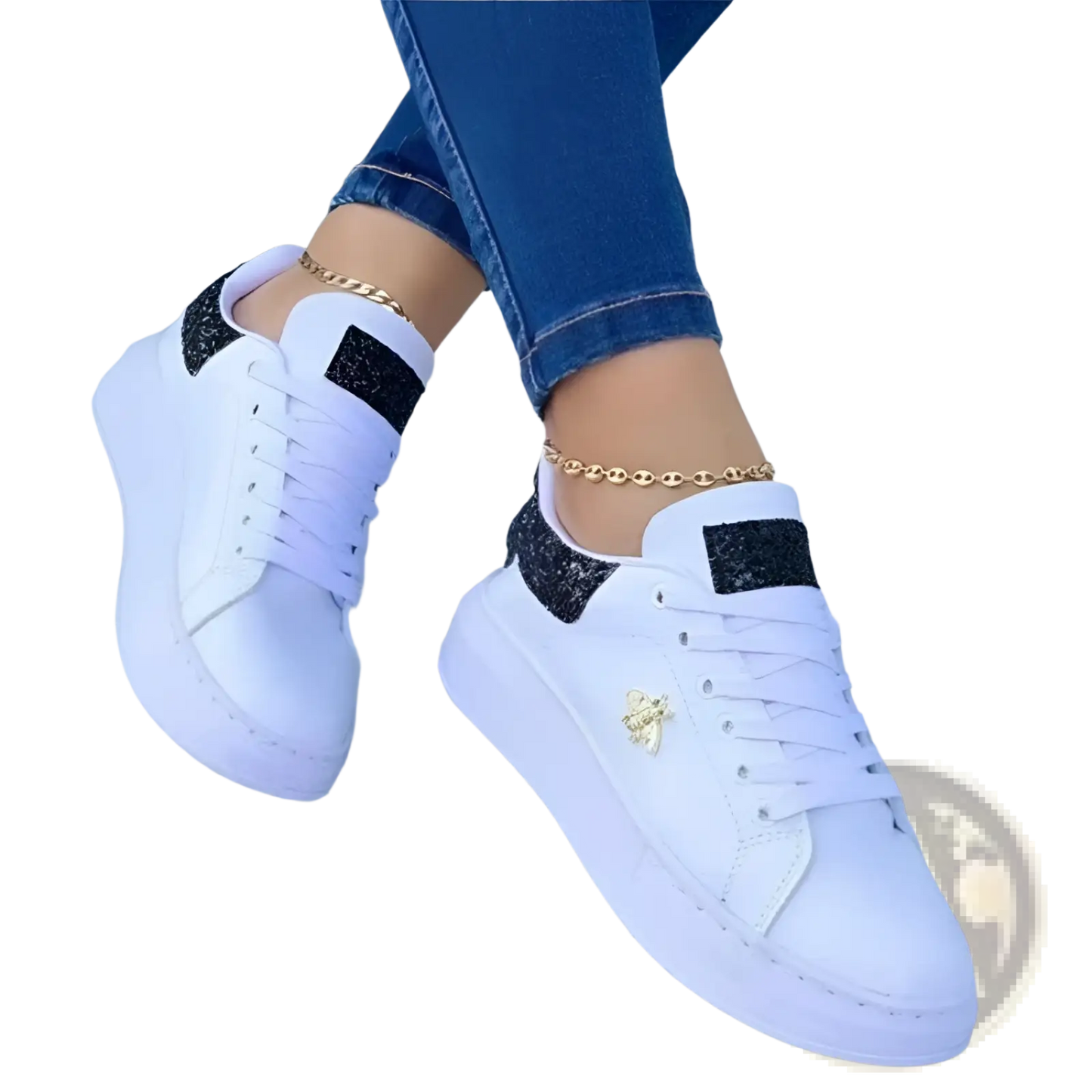 White Platform Sneakers with Bee and Glitter Accents