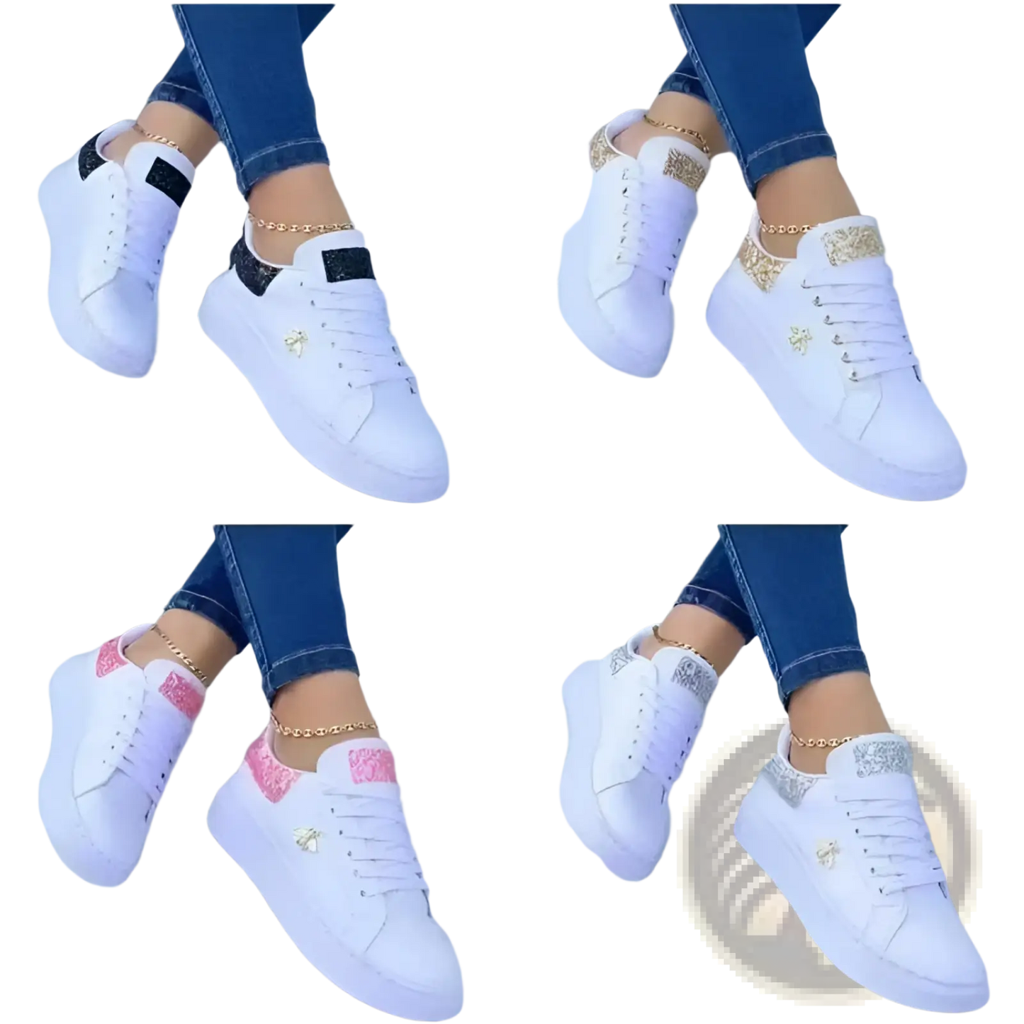 White Platform Sneakers with Bee and Glitter Accents
