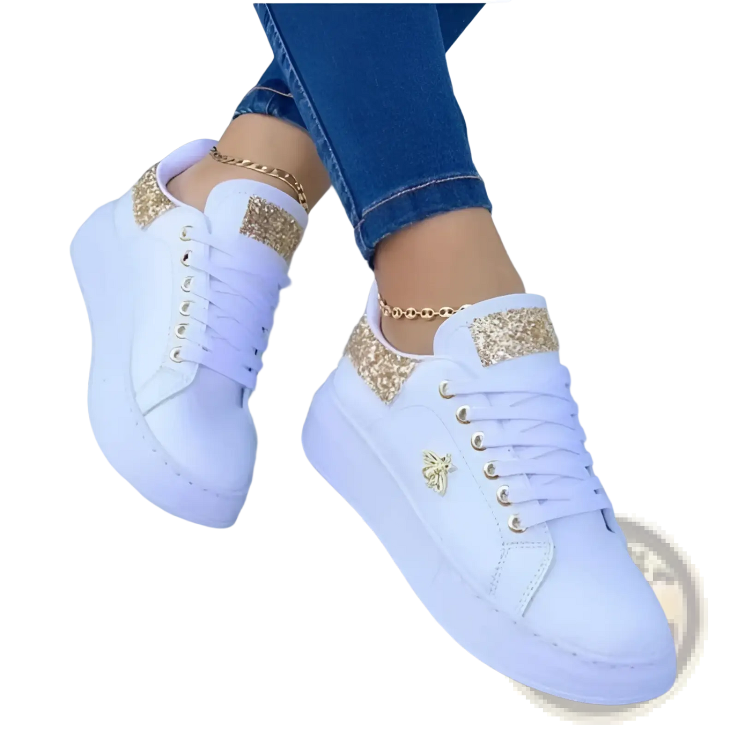 White Platform Sneakers with Bee and Glitter Accents