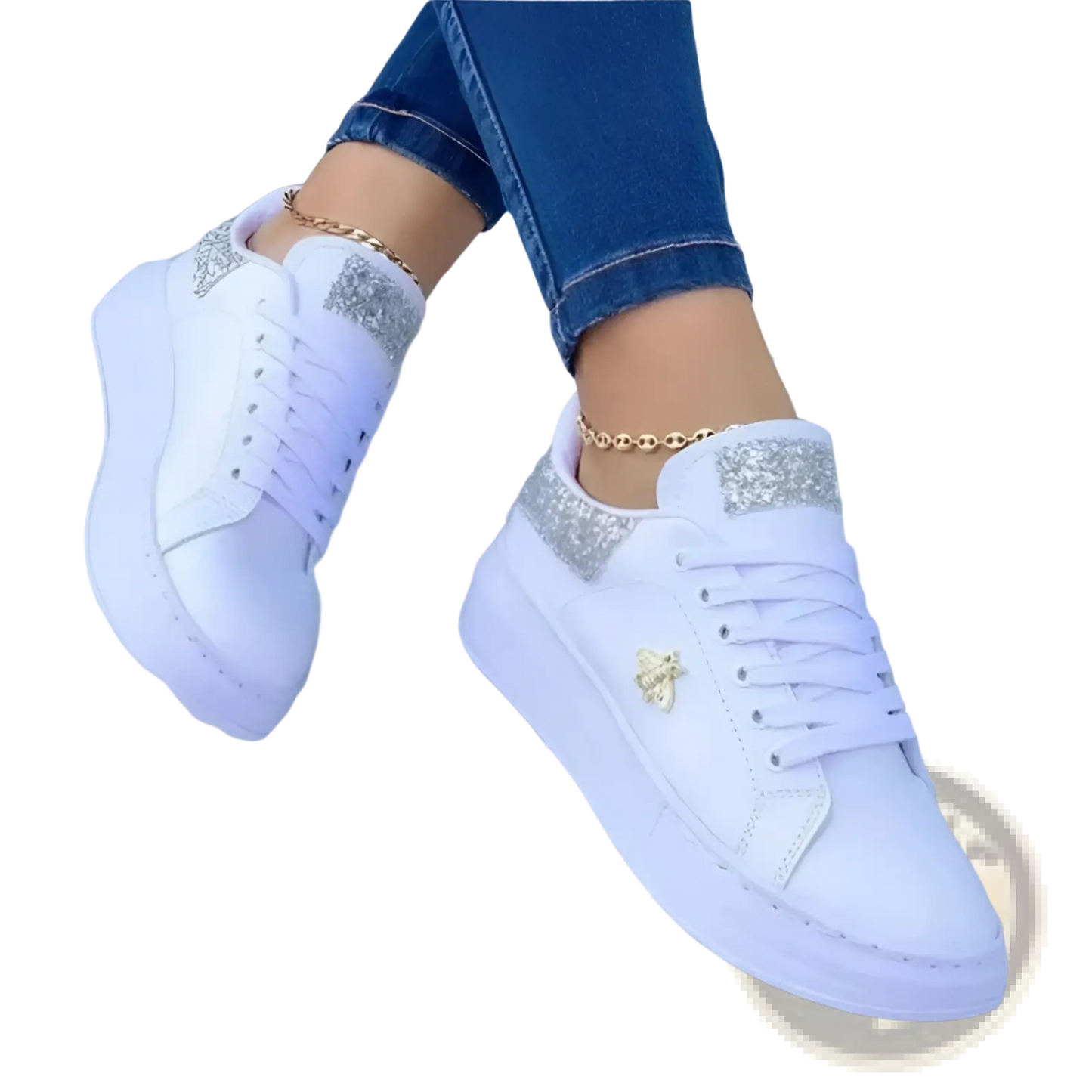 White Platform Sneakers with Bee and Glitter Accents