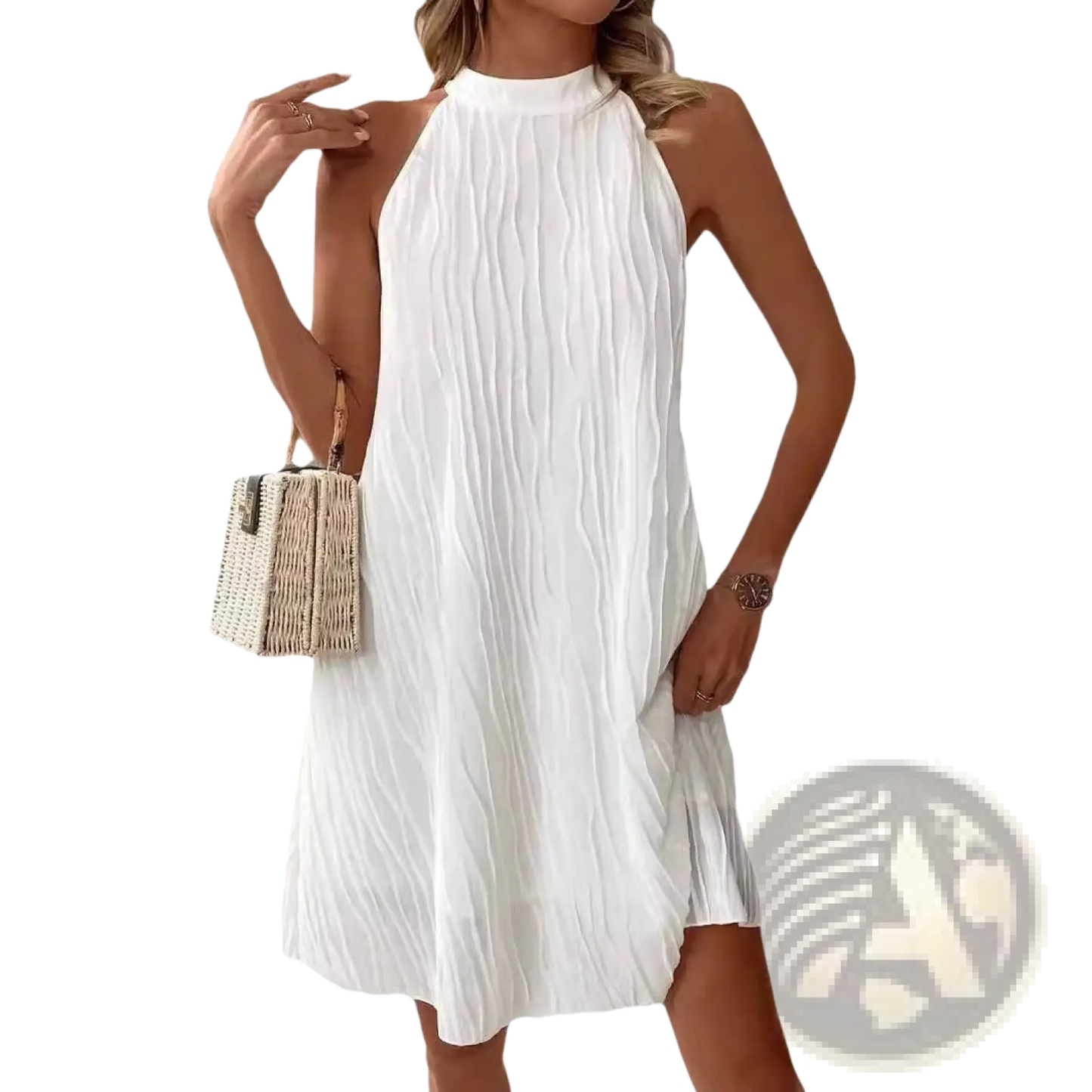 White Pleated Halter Backless Dress for Women
