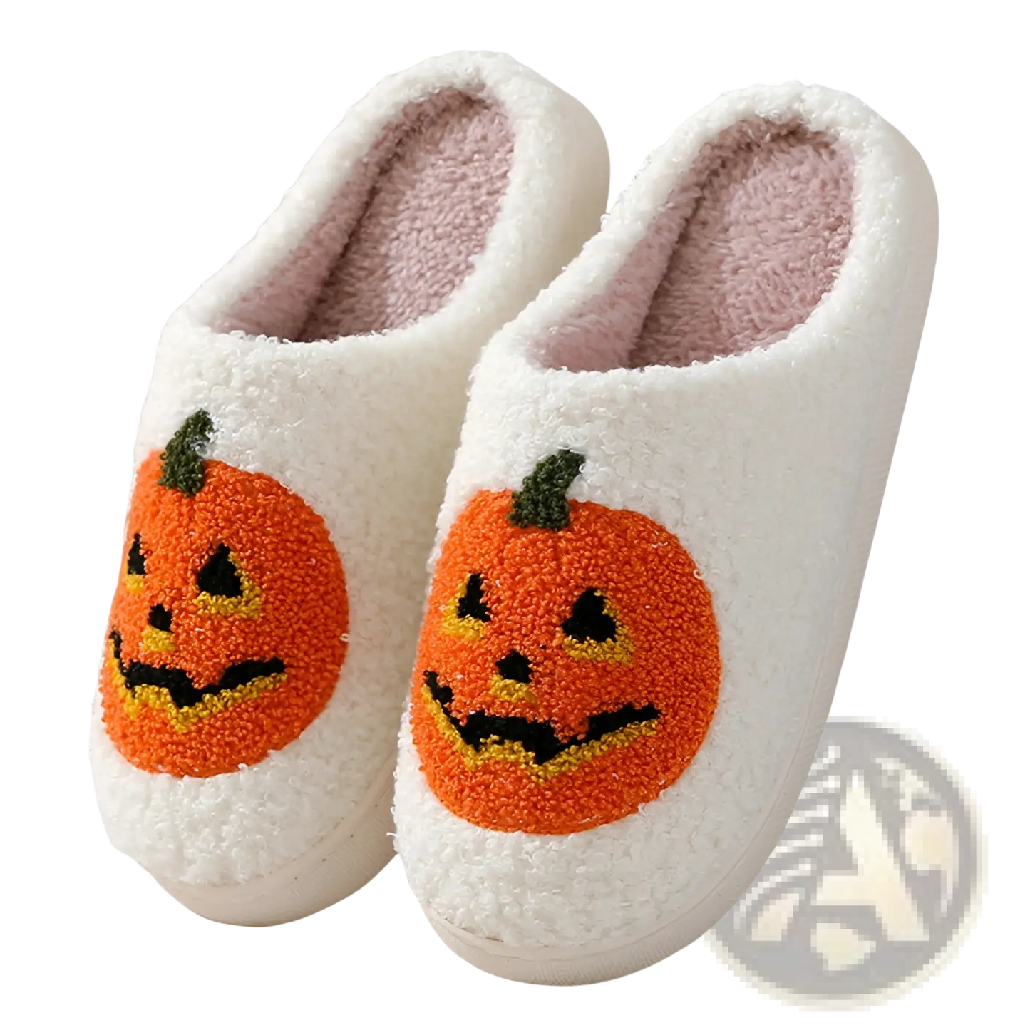 White Plush Jack-o-lantern Embroidered Halloween Slippers