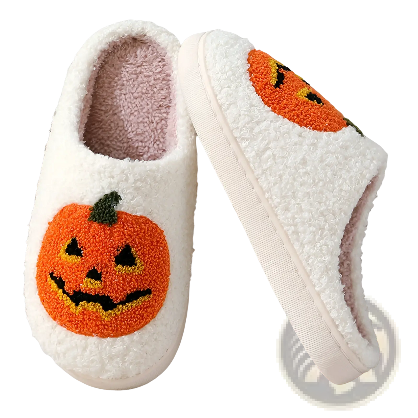 White Plush Jack-o-lantern Embroidered Halloween Slippers