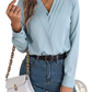 White Satin v Neck Wrap Blouse with Black Trim
