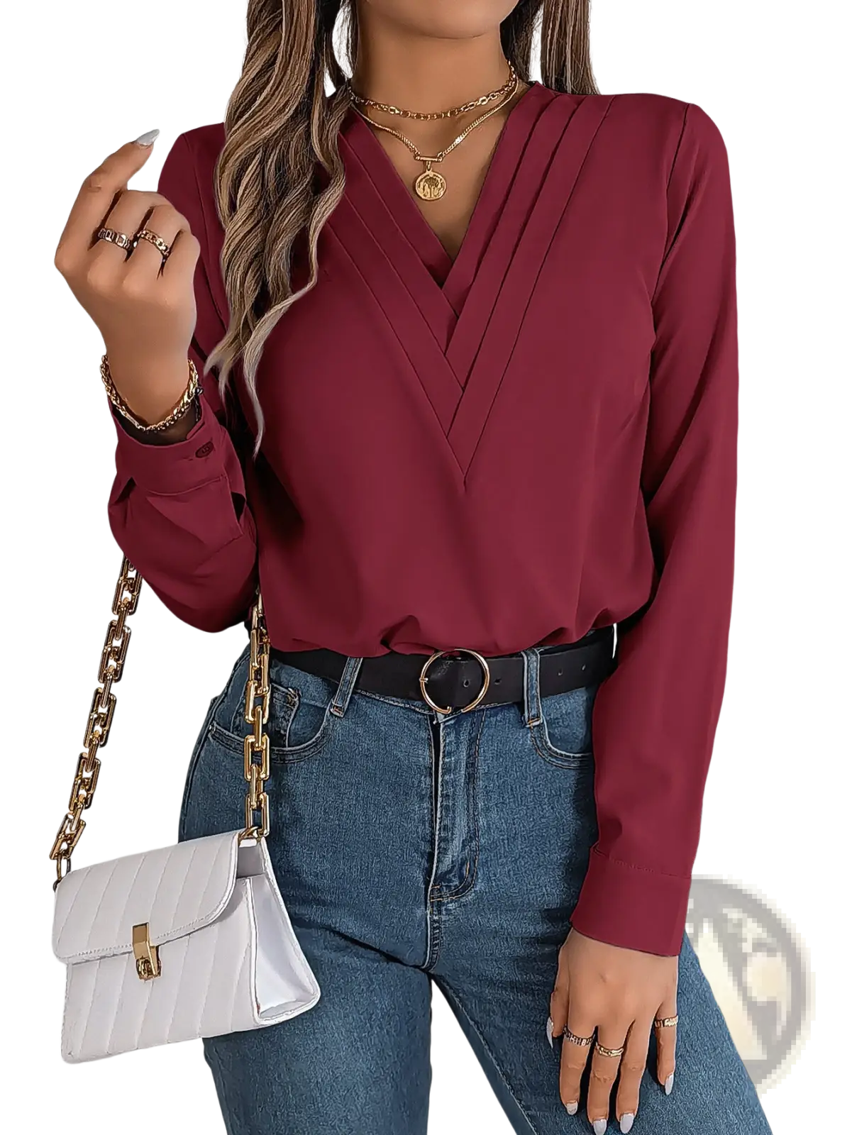 White Satin v Neck Wrap Blouse with Black Trim