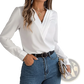 White Satin v Neck Wrap Blouse with Black Trim