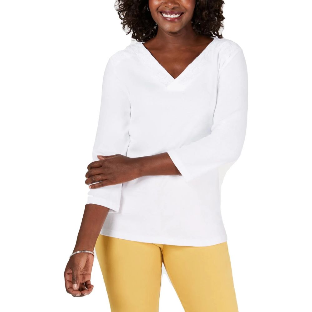 Karen Scott Women's White Eyelet Trim Top Size X-Small