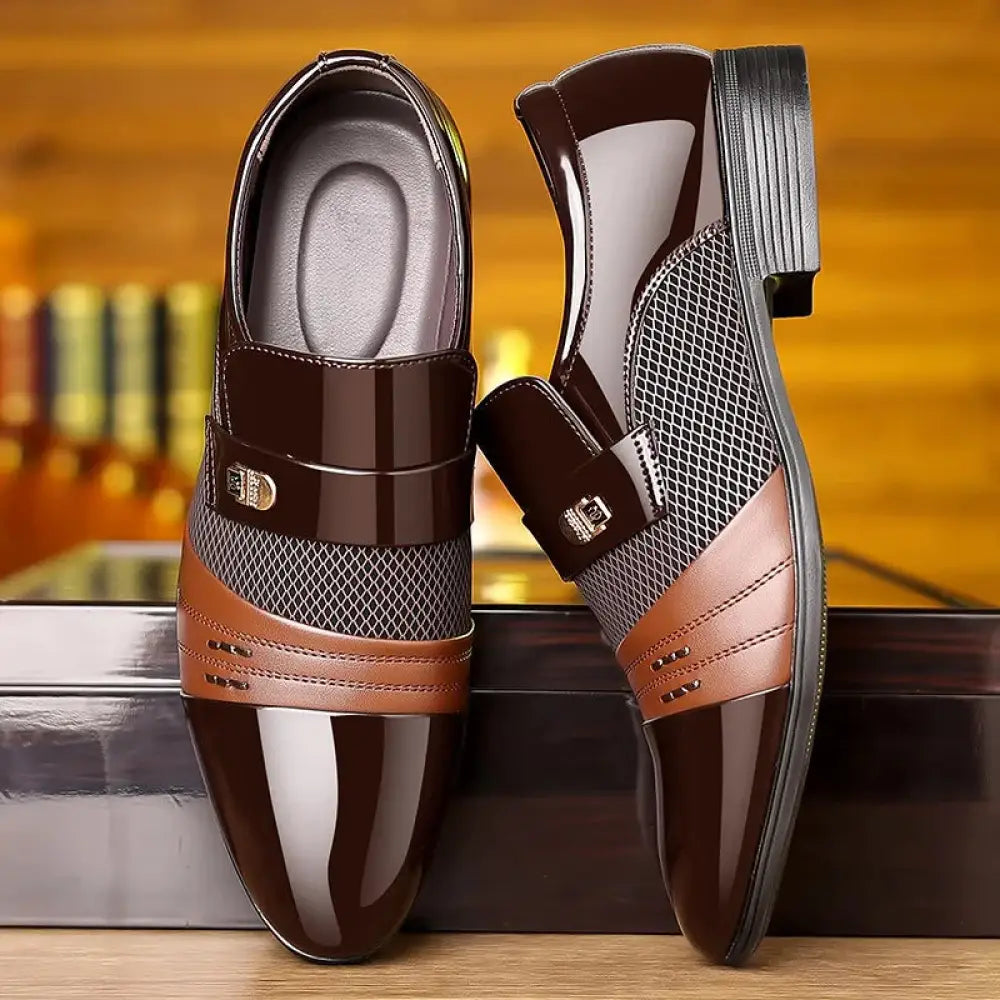 Men's Wine Red Patchwork Leather Buckle Dress Shoes