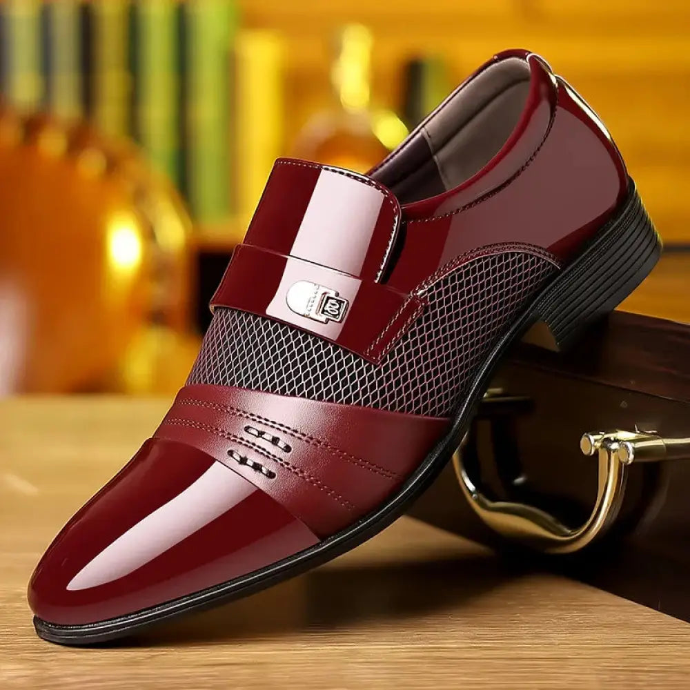 Men's Wine Red Patchwork Leather Buckle Dress Shoes