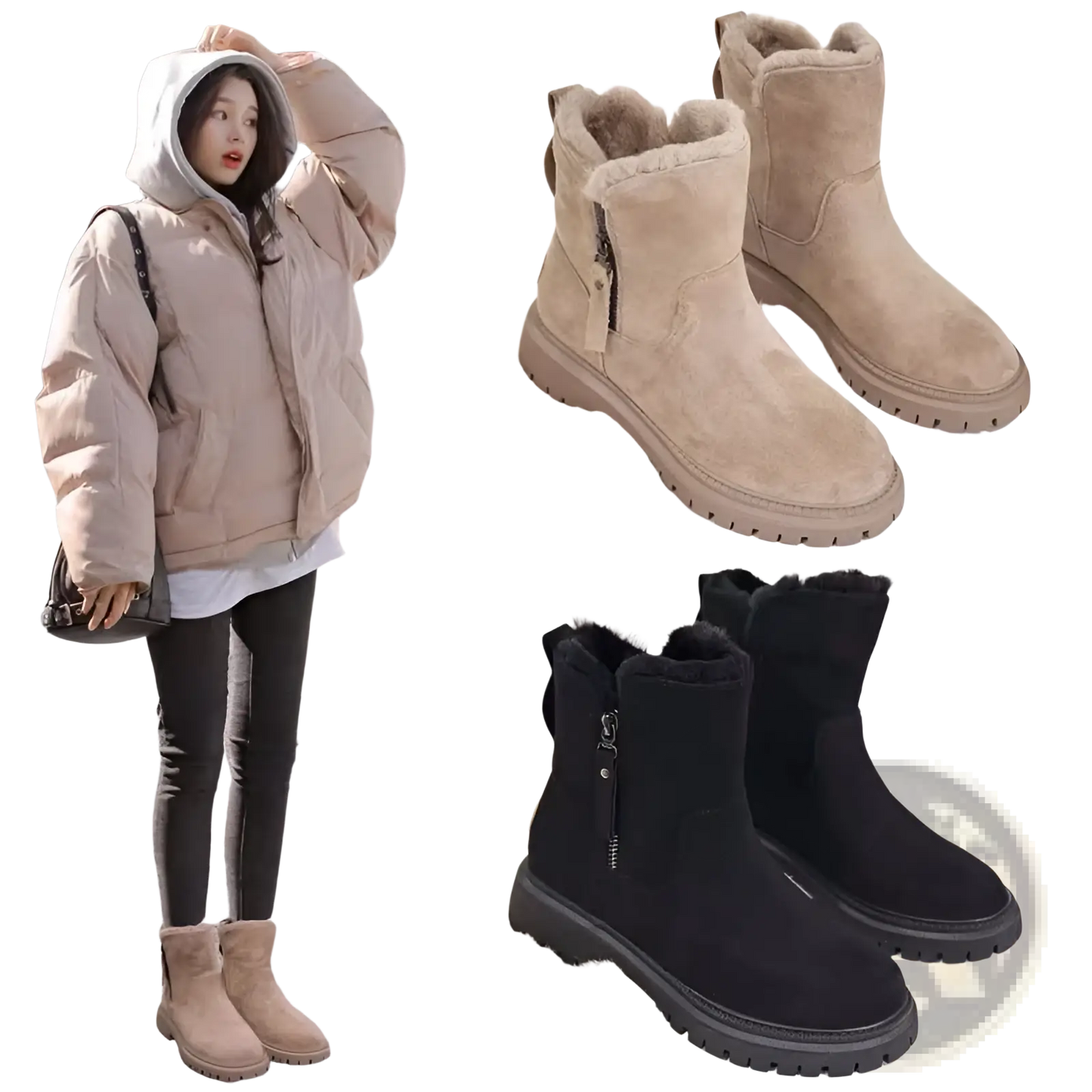Winter Boots Women's Beige Suede Shearling Shoes