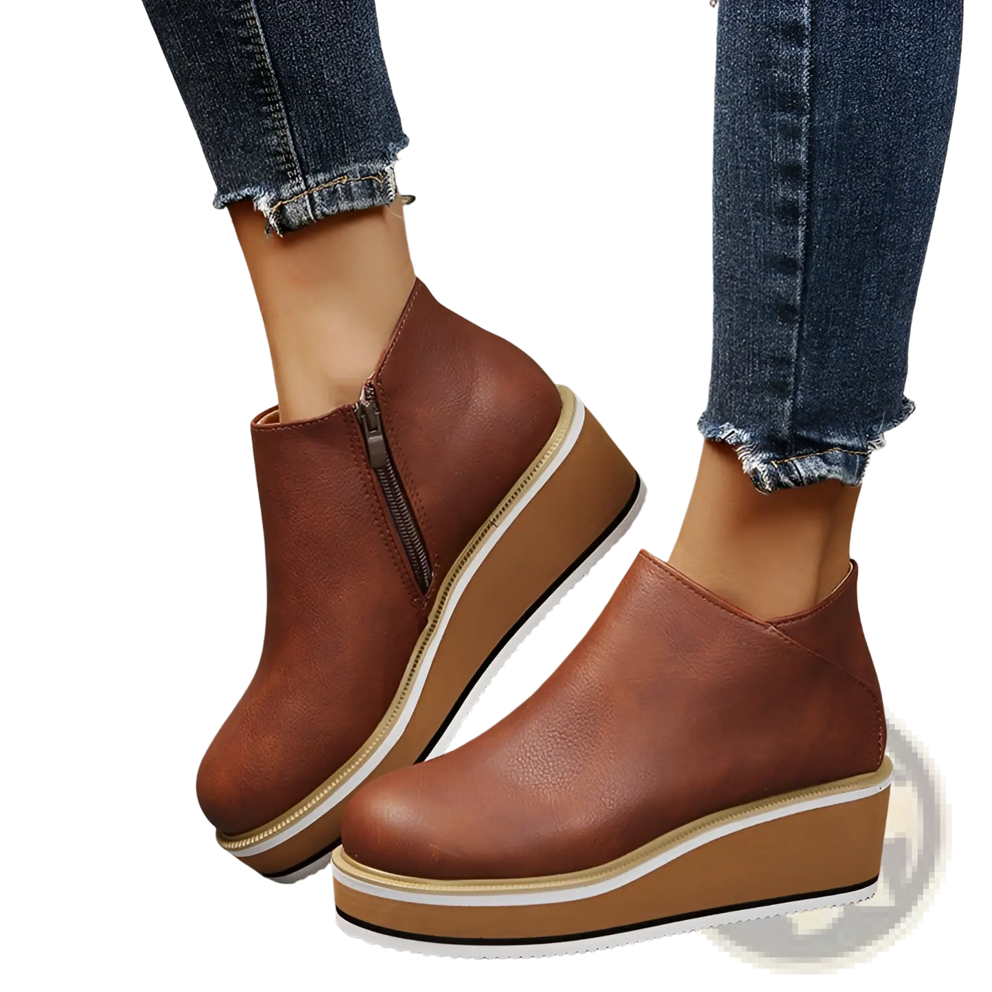 Women Ankle Boots Chunky Platform Wedge Leather Shoes