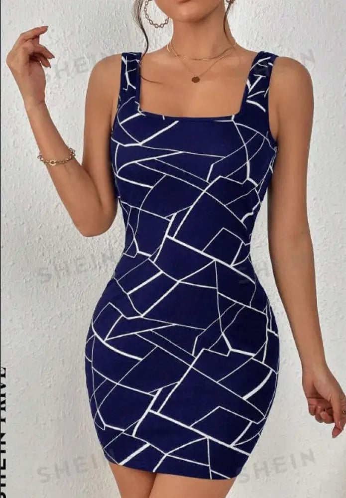 Geometric Print Square Neck Sleeveless Bodycon Dress