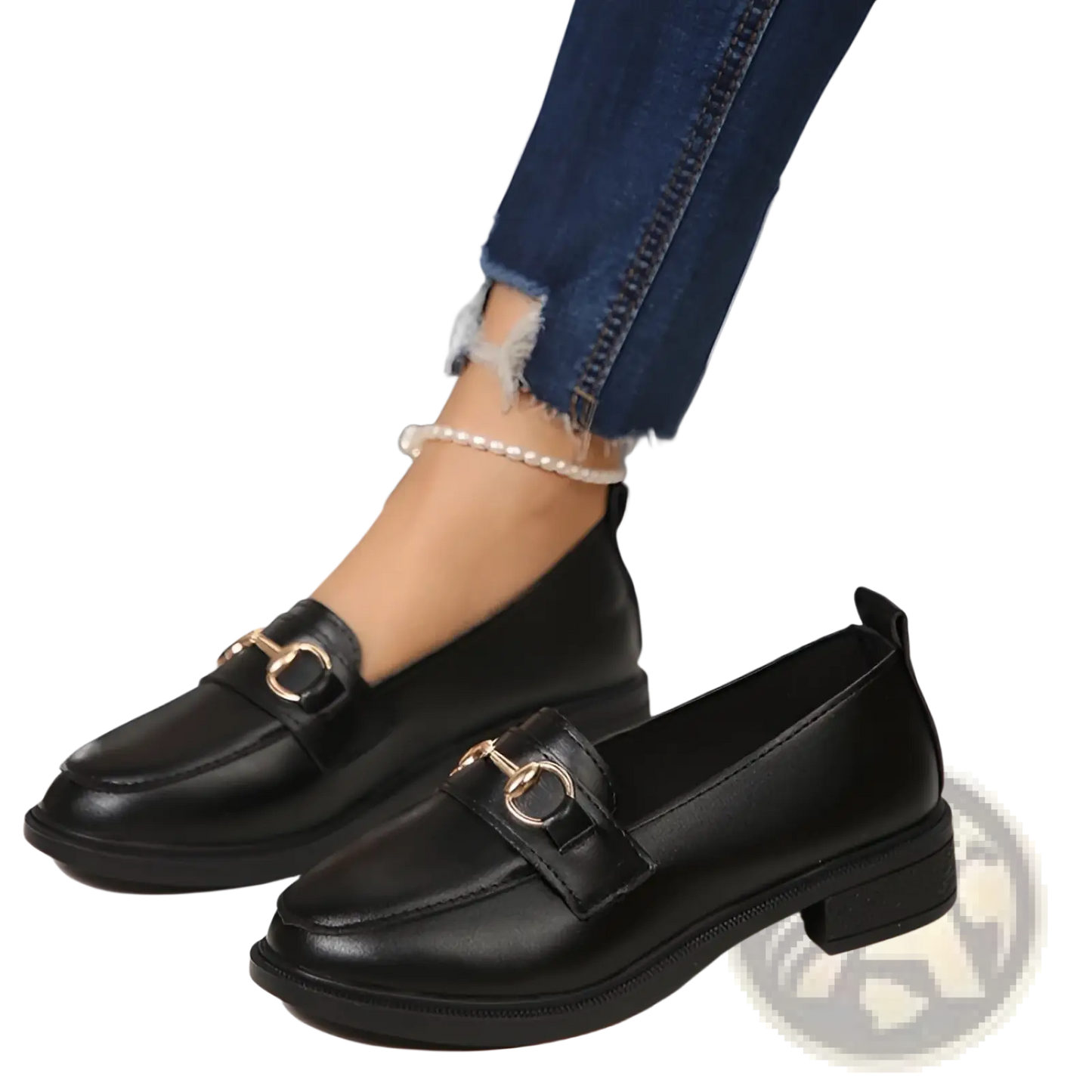 Women Leather Loafers Horsebit Chunky Heel Shoes