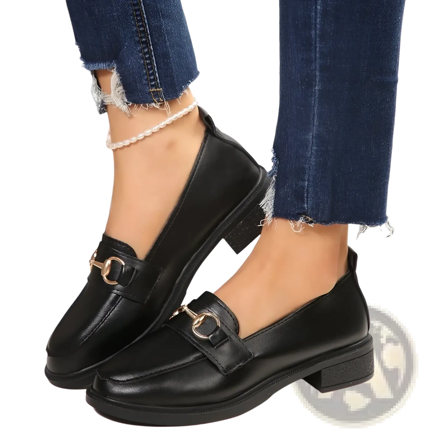 Women Leather Loafers Horsebit Chunky Heel Shoes