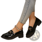 Women Leather Loafers Horsebit Chunky Heel Shoes