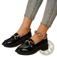 Women Leather Loafers Horsebit Chunky Heel Shoes