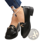 Women Leather Loafers Horsebit Chunky Heel Shoes