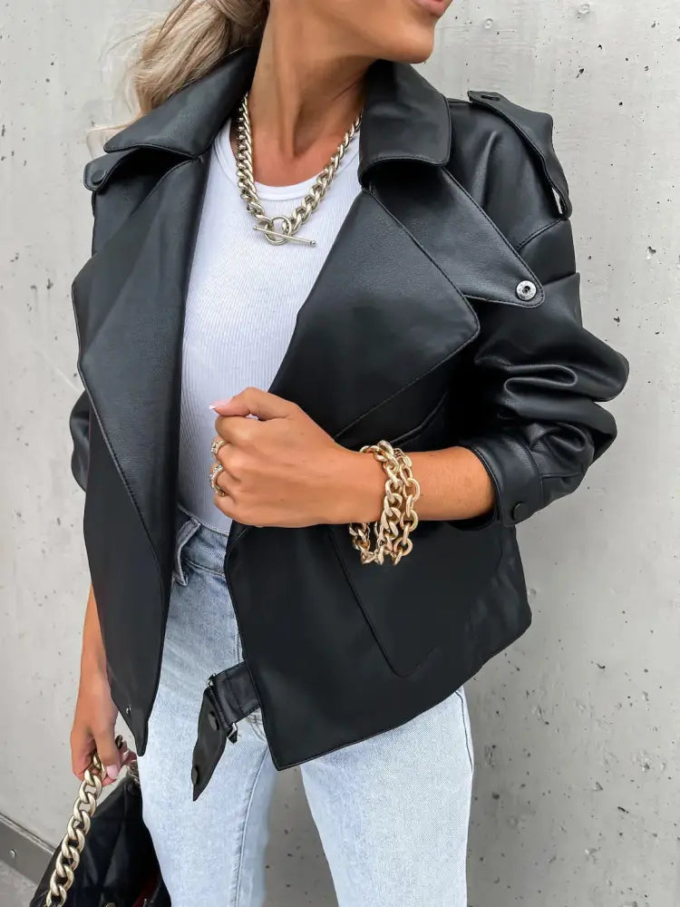 Women's Relaxed Beige Faux Leather Jacket with Pockets