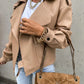 Women's Relaxed Beige Faux Leather Jacket with Pockets