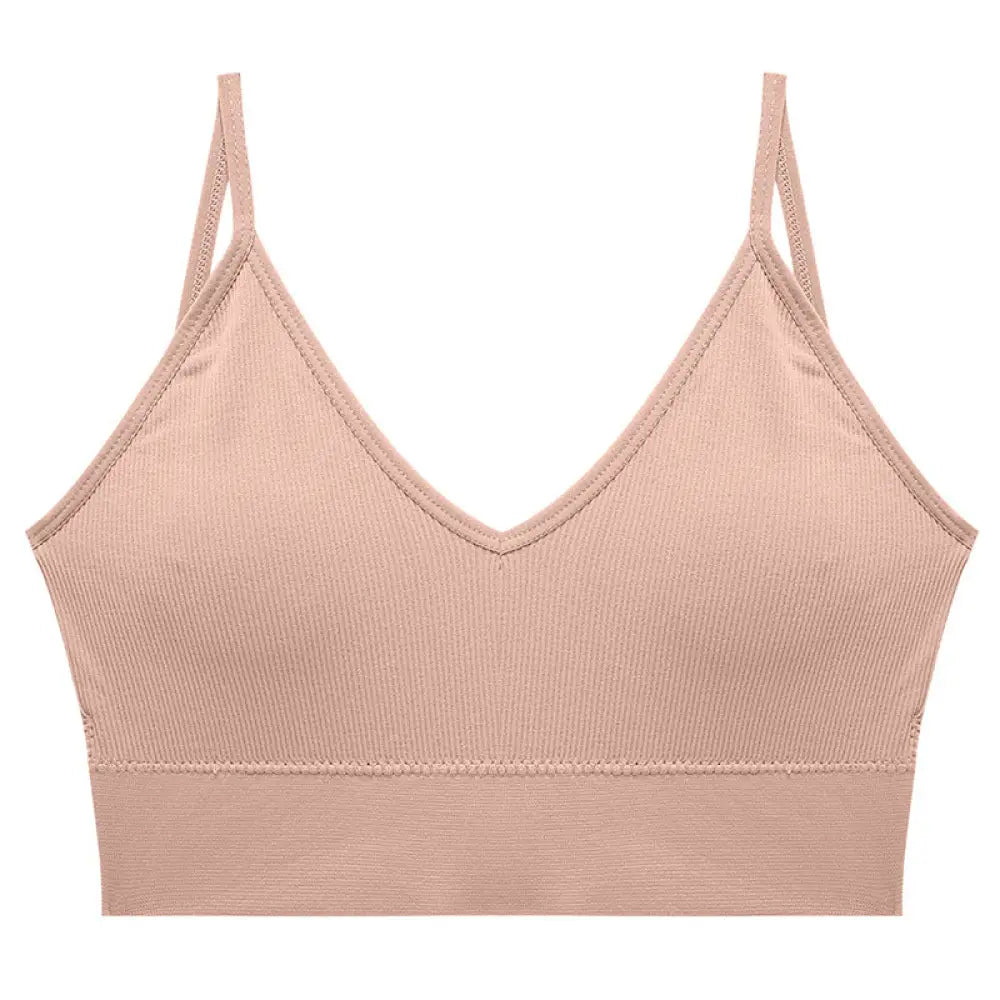 Seamless v Neck Ribbed Tube Top Bra with Adjustable Straps