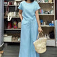Light Blue Linen Short Sleeve Wide Leg Pant Set