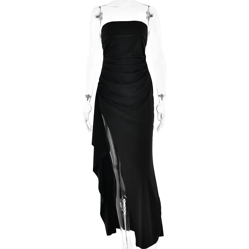 Strapless Pleated Maxi Gown with High Slit and Ruched Bodice