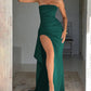 Strapless Pleated Maxi Gown with High Slit and Ruched Bodice