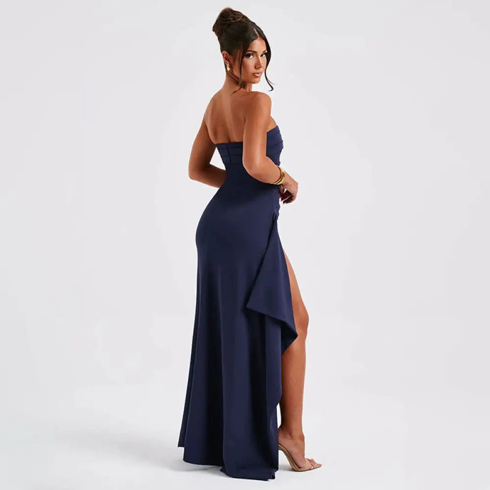 Strapless Pleated Maxi Gown with High Slit and Ruched Bodice