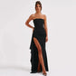 Strapless Pleated Maxi Gown with High Slit and Ruched Bodice