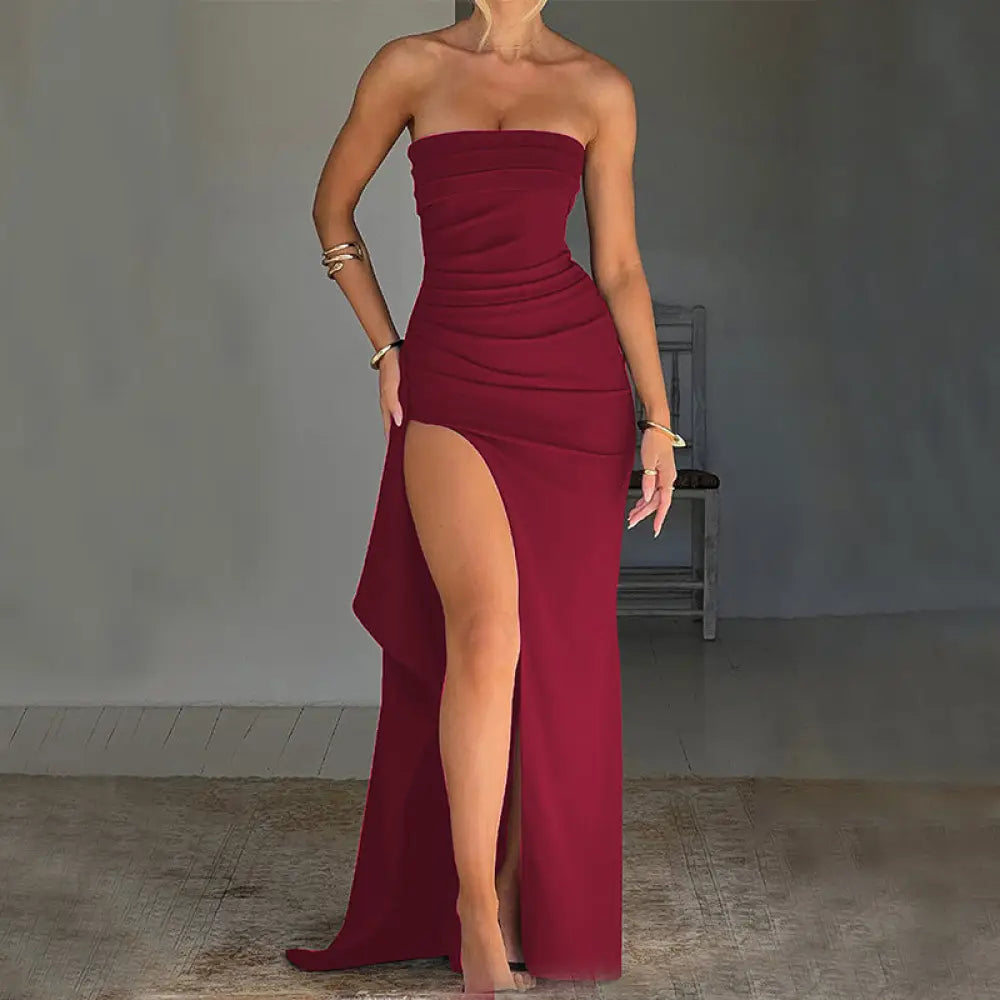 Strapless Pleated Maxi Gown with High Slit and Ruched Bodice