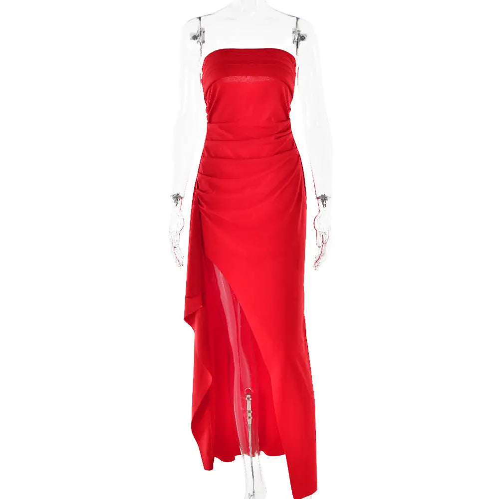 Strapless Pleated Maxi Gown with High Slit and Ruched Bodice