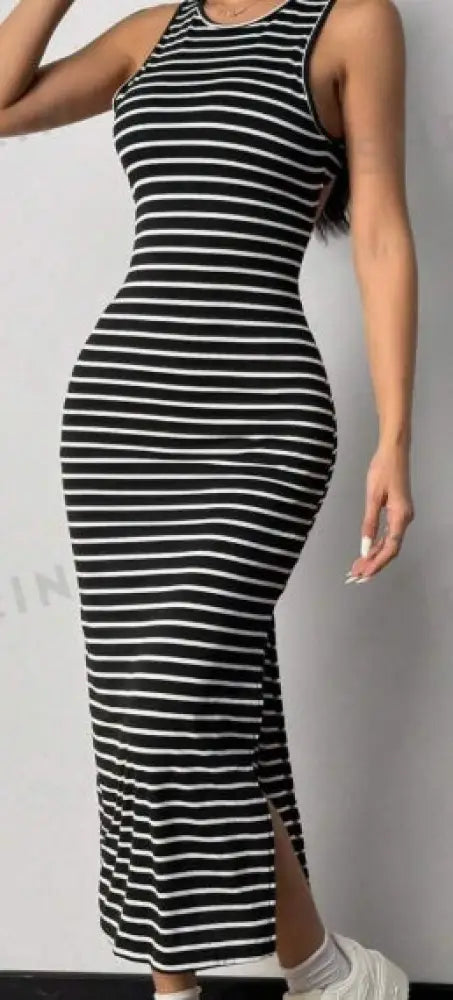 Striped Backless Knit Midi Dress with Side Slit