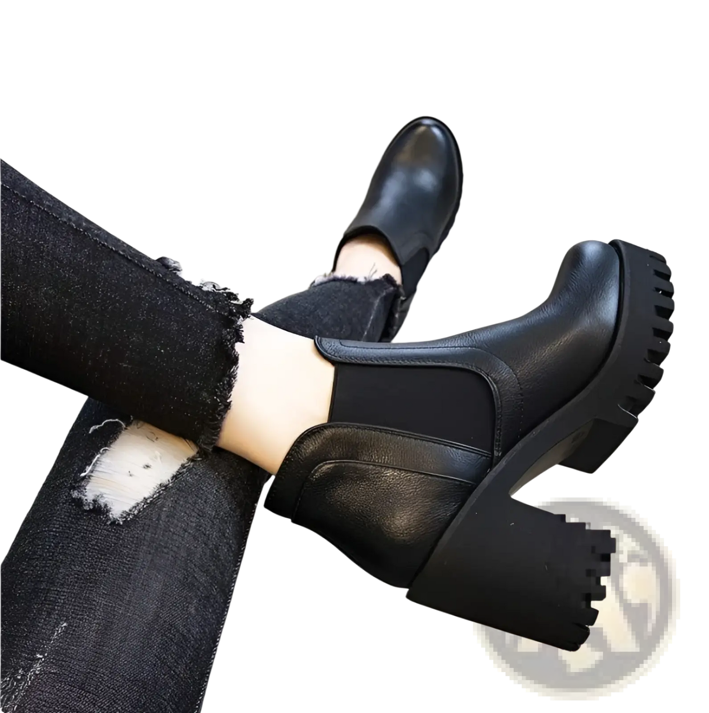 Women's Black Leather Chunky Heel Ankle Boots
