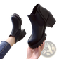 Women's Black Leather Chunky Heel Ankle Boots