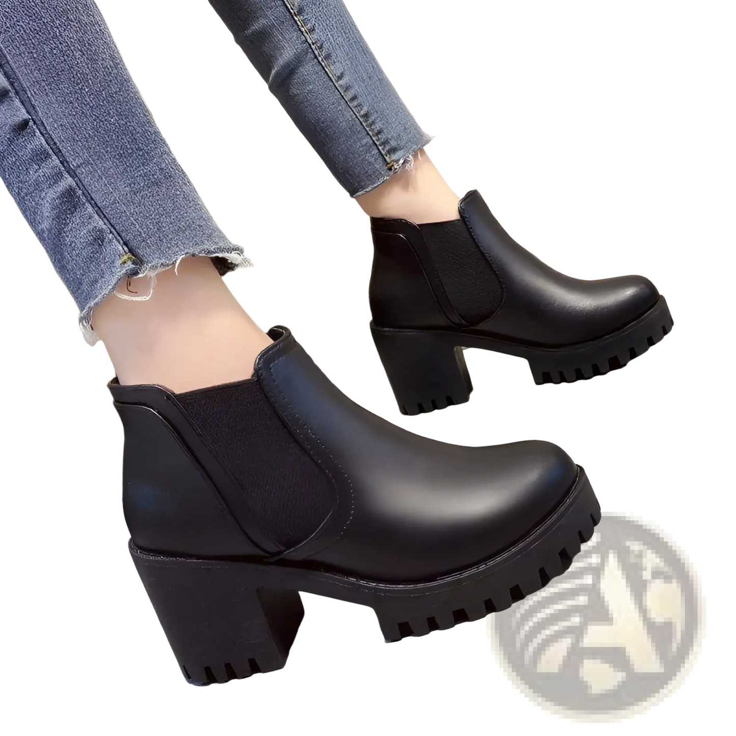 Women's Black Leather Chunky Heel Ankle Boots