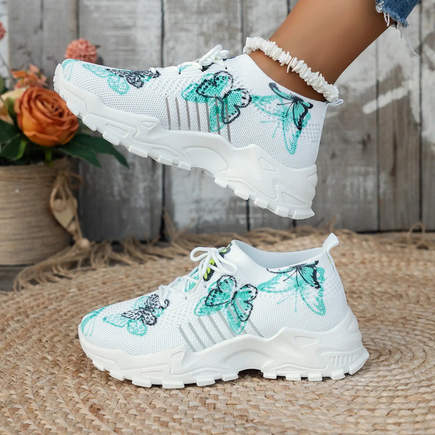 Women's Butterfly Print Mesh Breathable Running Sneakers