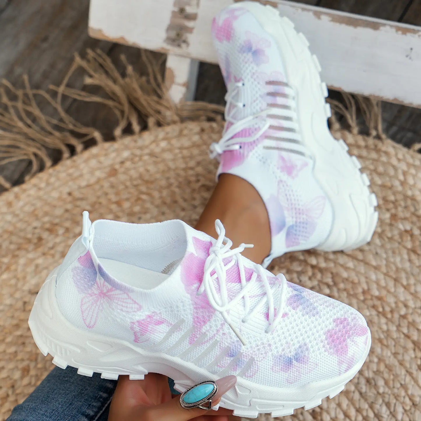 Women's Butterfly Print Mesh Breathable Running Sneakers