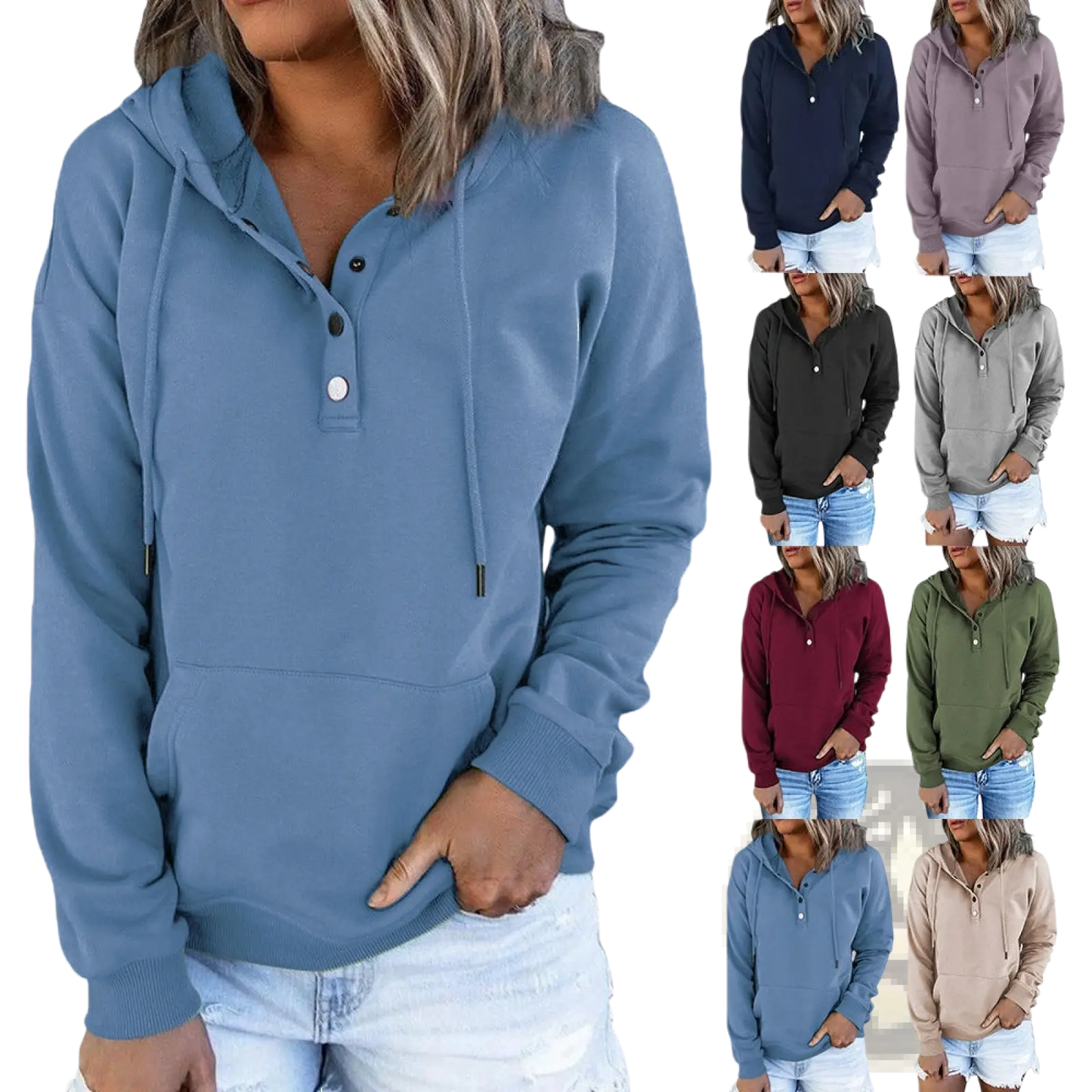 Women's Button Neck Drawstring Hooded Sweatshirt