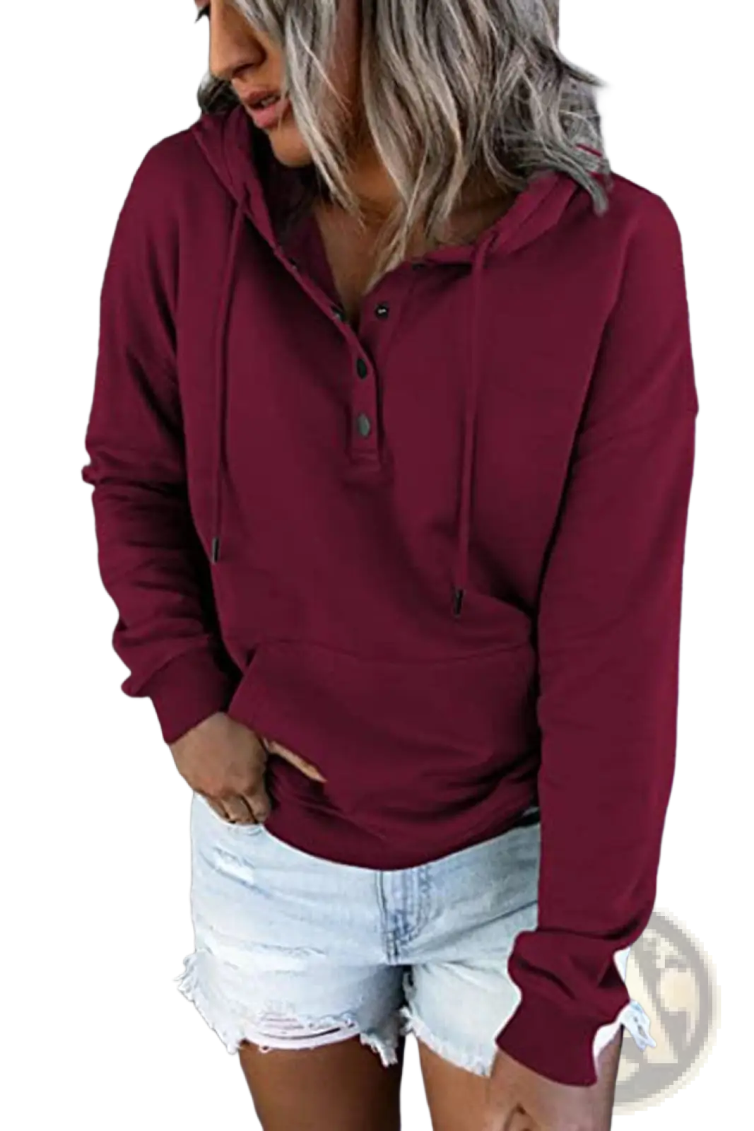 Women's Button Neck Drawstring Hooded Sweatshirt