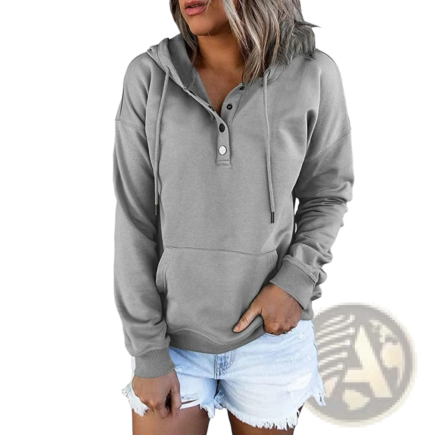 Women's Button Neck Drawstring Hooded Sweatshirt