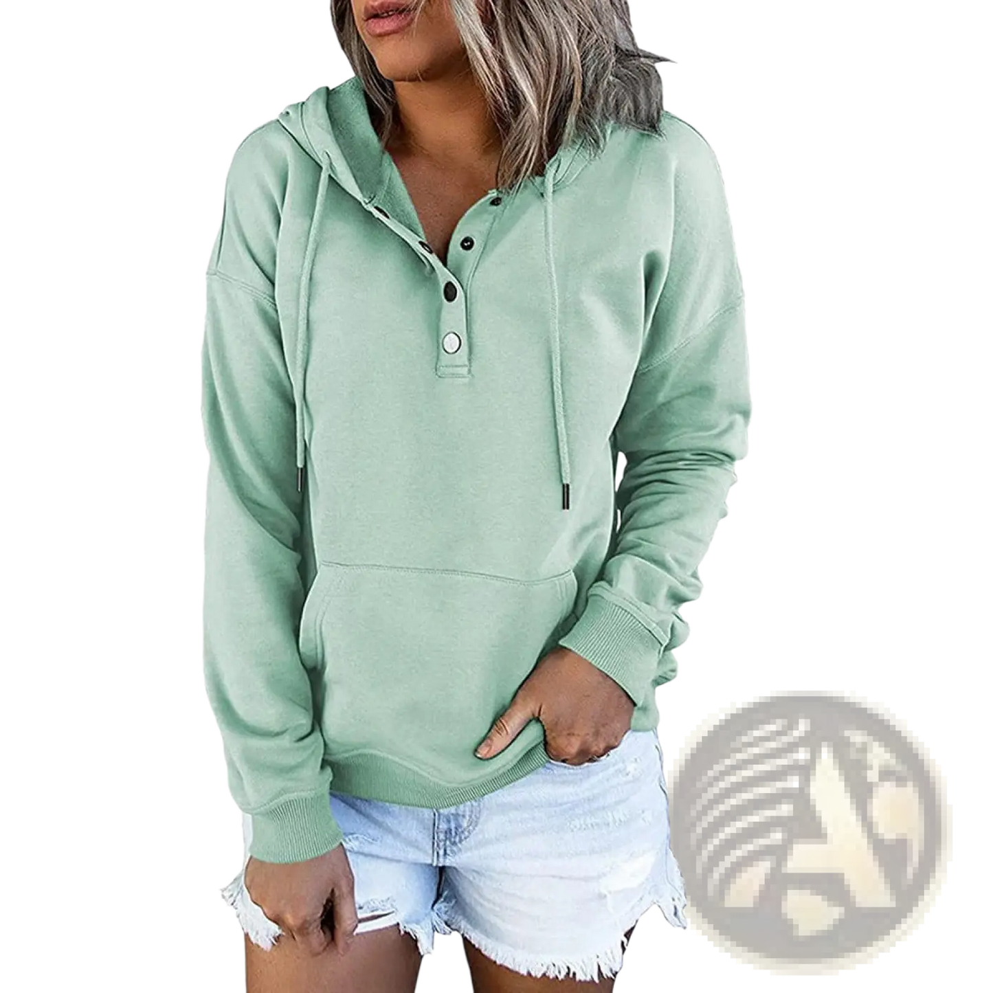 Women's Button Neck Drawstring Hooded Sweatshirt