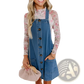 Women's Casual Loose Denim Overalls Dress with Floral Sleeves