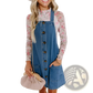 Women's Casual Loose Denim Overalls Dress with Floral Sleeves
