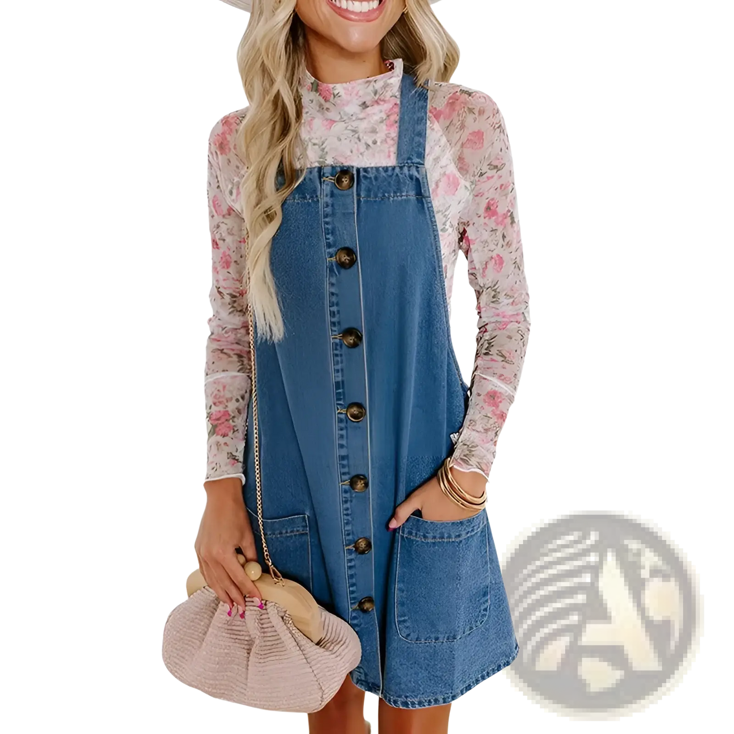 Women's Casual Loose Denim Overalls Dress with Floral Sleeves