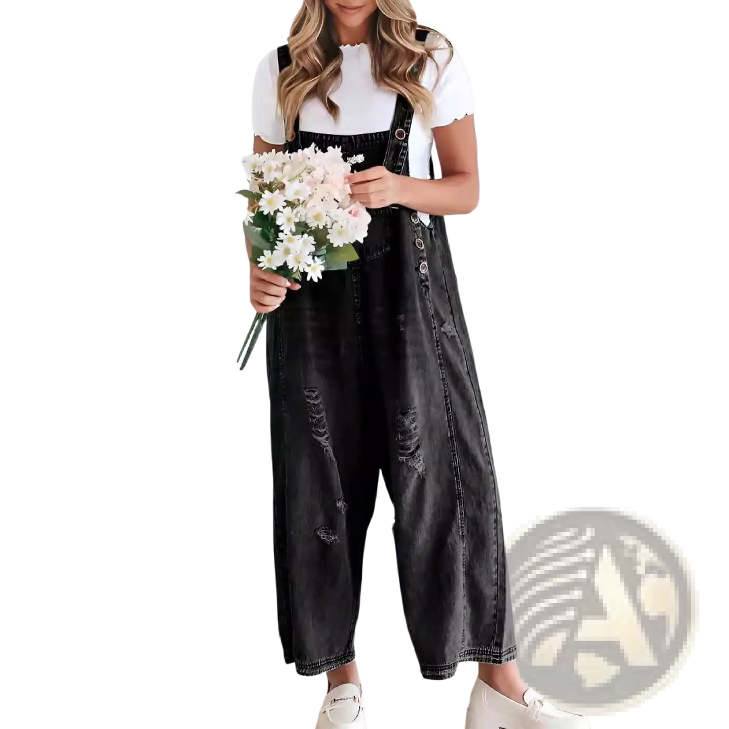 Women's Distressed Denim Overalls with Adjustable Straps