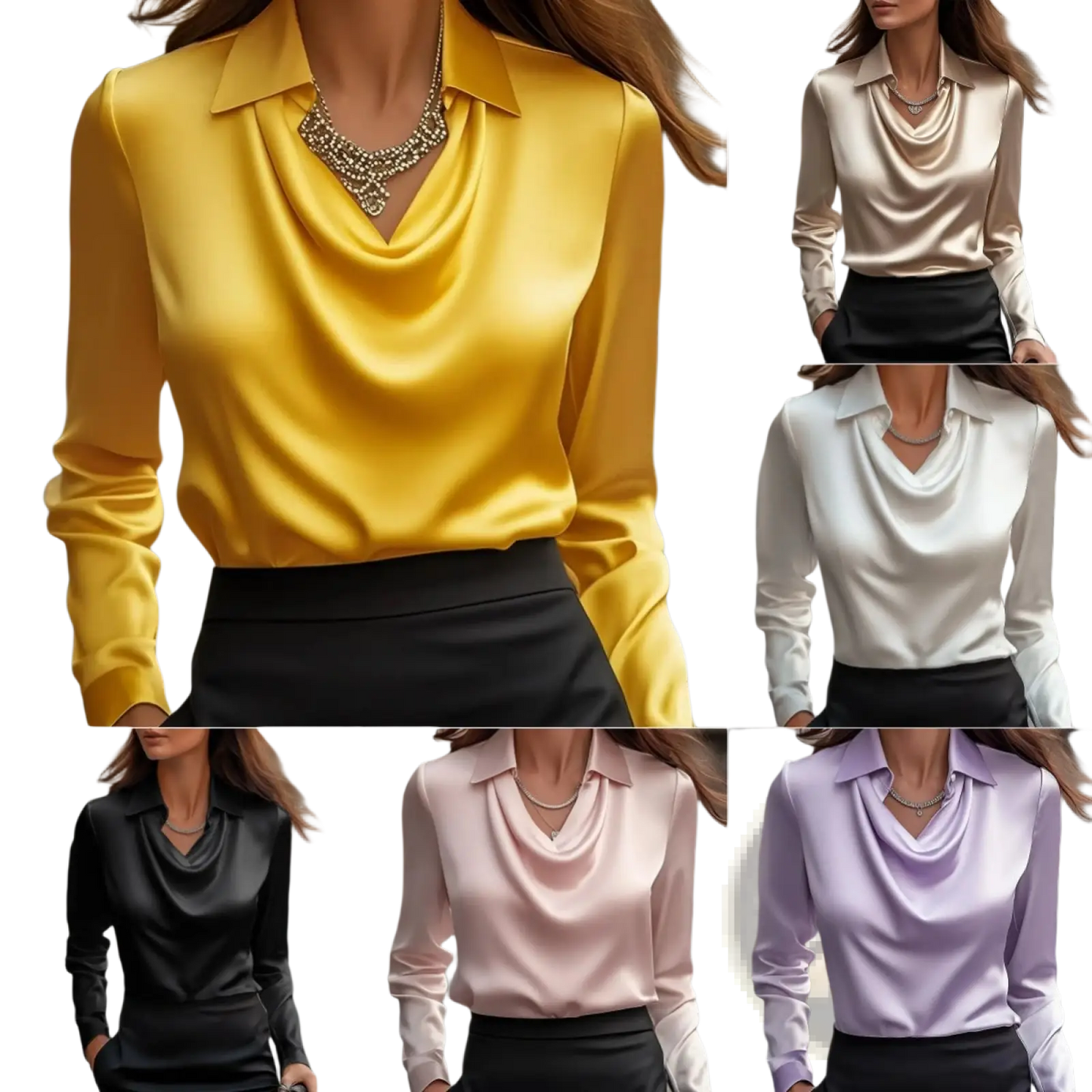 Women's Elegant Cowl Neck Satin Long Sleeve Blouse