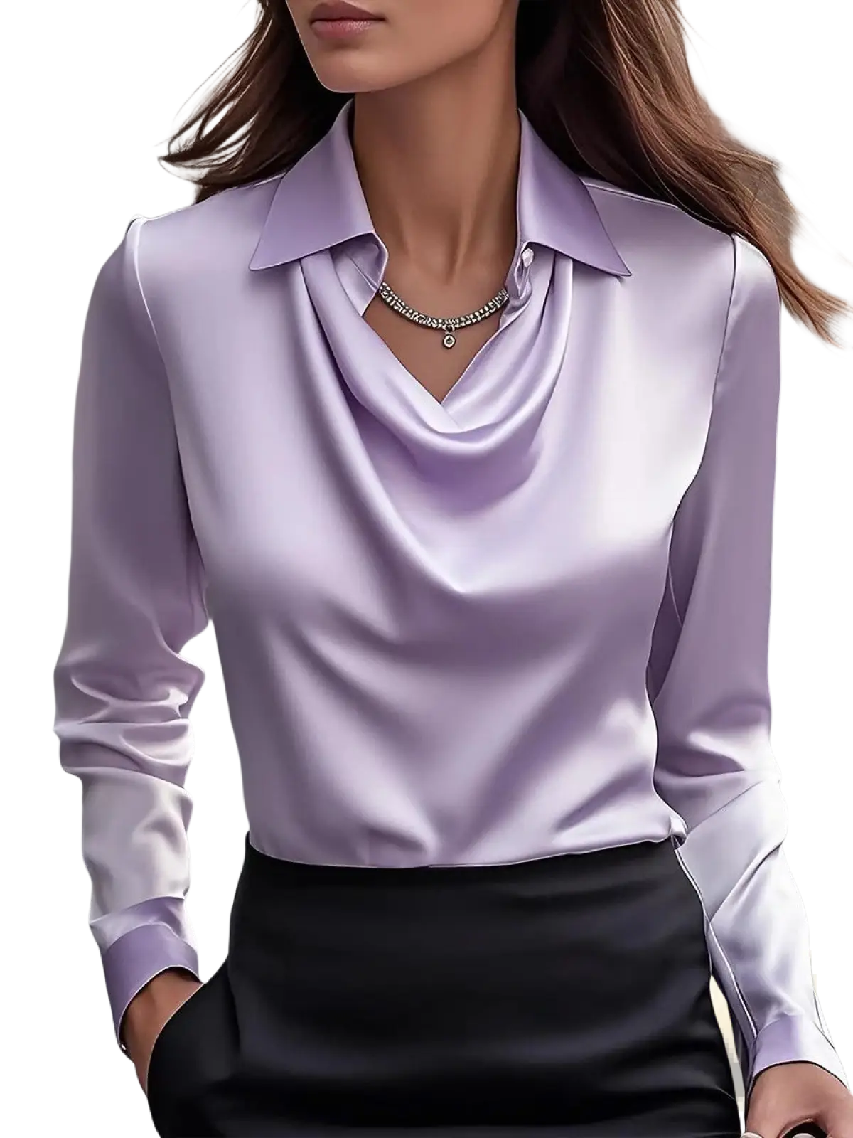 Women's Elegant Cowl Neck Satin Long Sleeve Blouse
