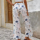 Women's Floral Print Cotton Linen Wide Leg Trousers
