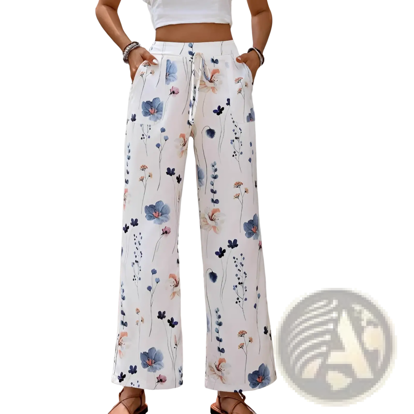 Women's Floral Print Cotton Linen Wide Leg Trousers